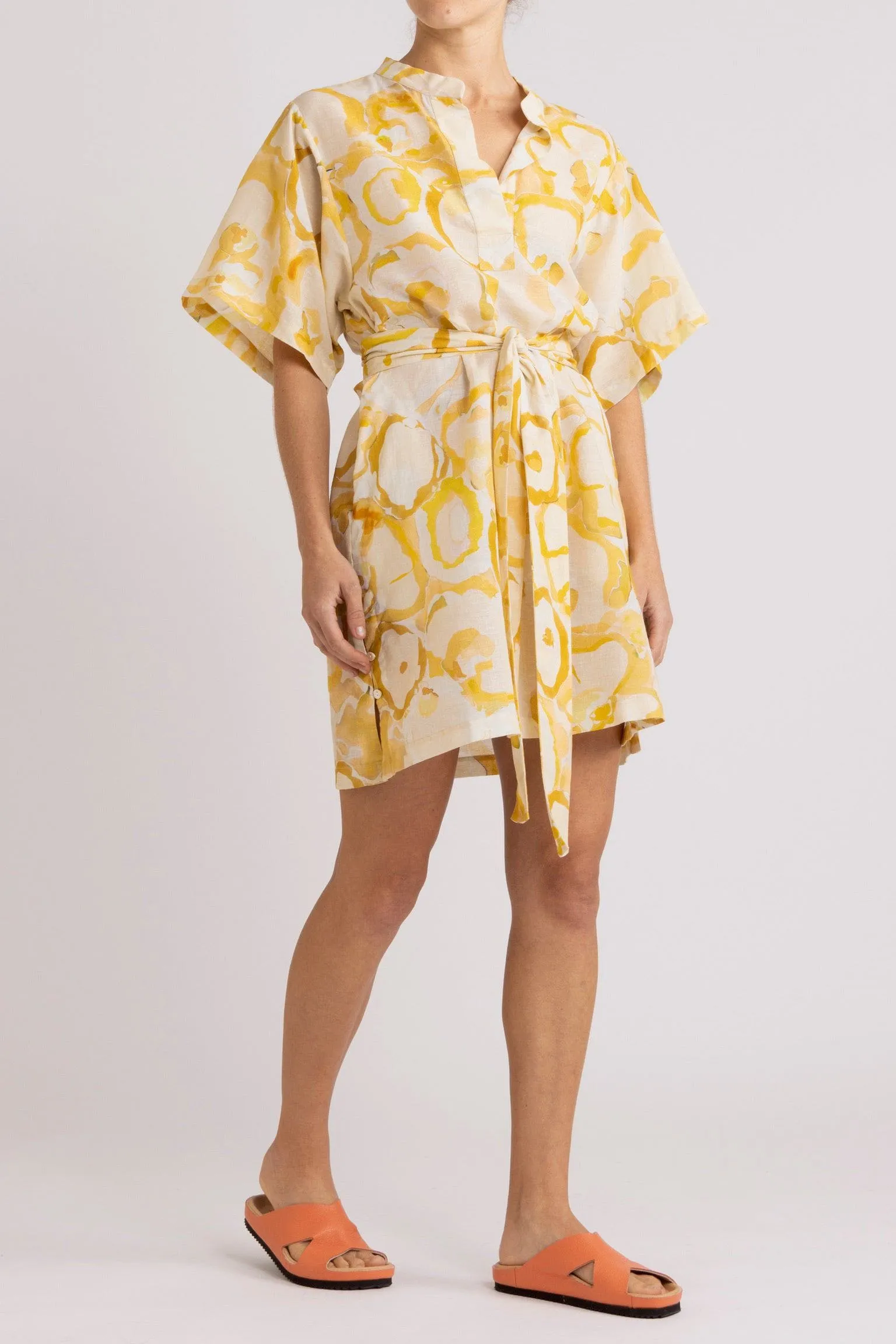 Miriam Yellow Print Cotton-Linen Short Dress