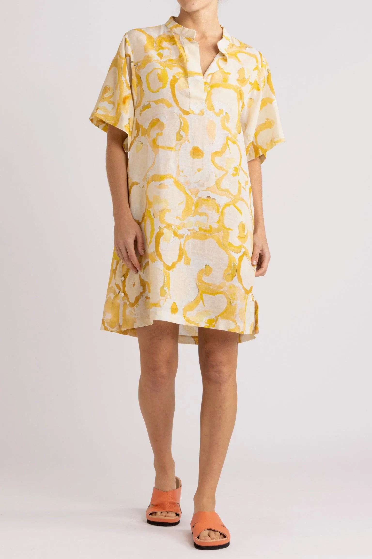 Miriam Yellow Print Cotton-Linen Short Dress