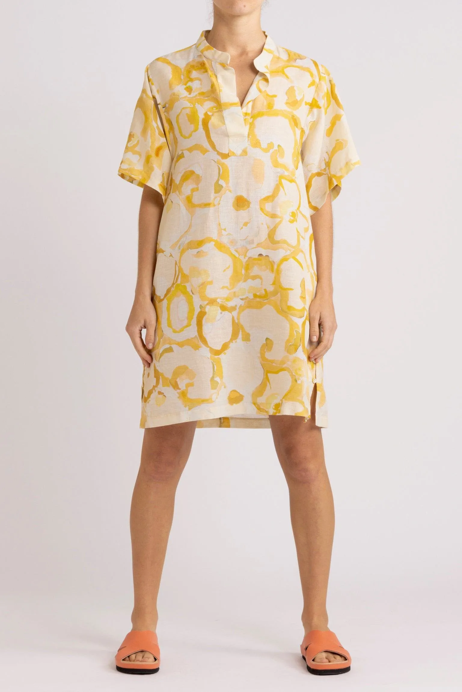 Miriam Yellow Print Cotton-Linen Short Dress