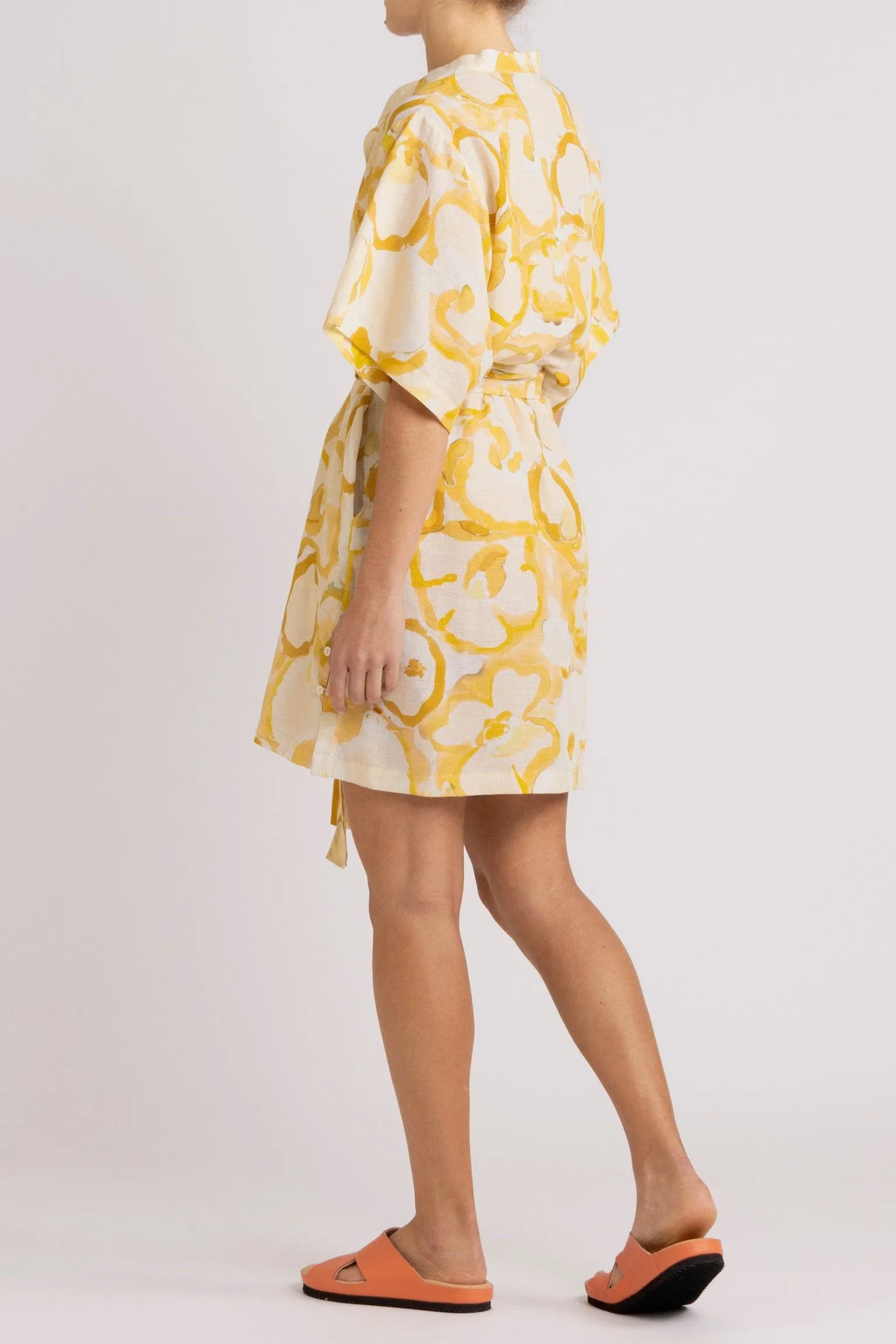 Miriam Yellow Print Cotton-Linen Short Dress