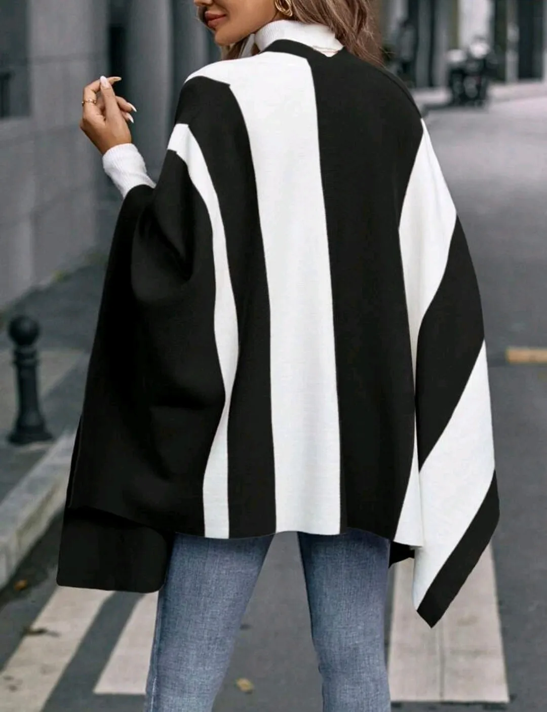 Monochrome Two Tone Cloak Sleeve Asymmetrical Hem Cardigan