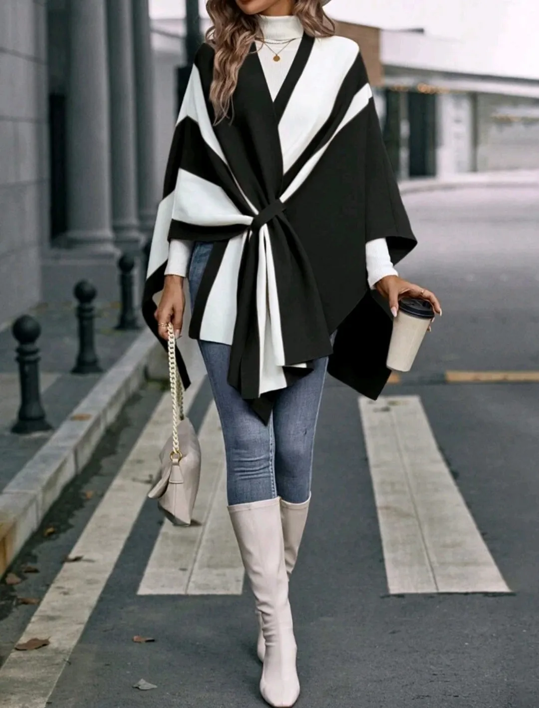 Monochrome Two Tone Cloak Sleeve Asymmetrical Hem Cardigan