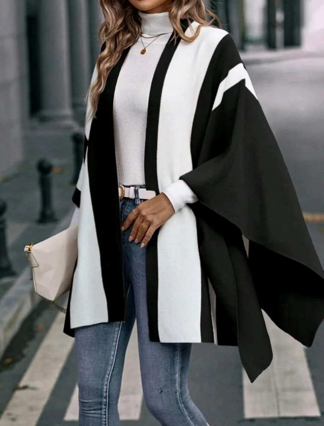 Monochrome Two Tone Cloak Sleeve Asymmetrical Hem Cardigan