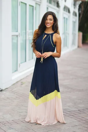 Navy Color Block Pleated Maxi Dress