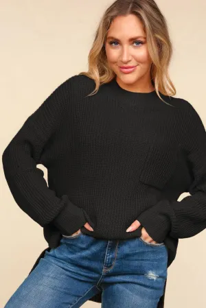 Oversized Mock Neck Pocket Sweater Top - Black