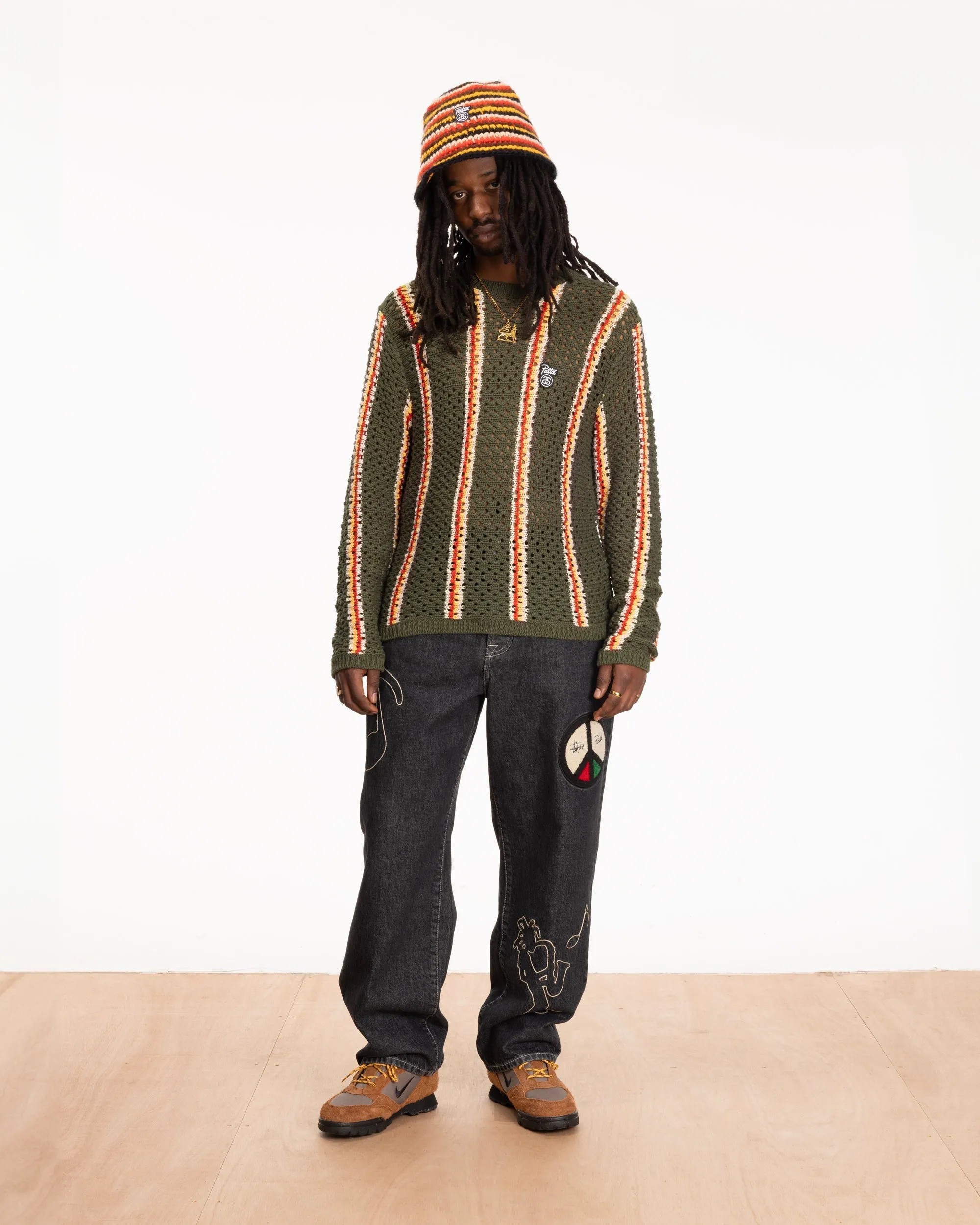 Patta x Stussy Stripe Loose Gauge Crewneck Sweater (Olive)