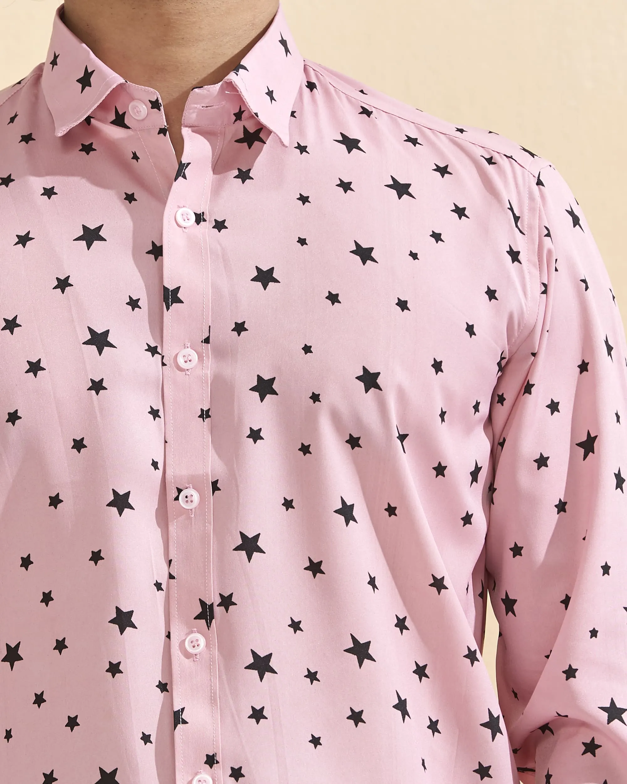 Pink Full Sleeve Crepe Casual Printed Men's Shirt