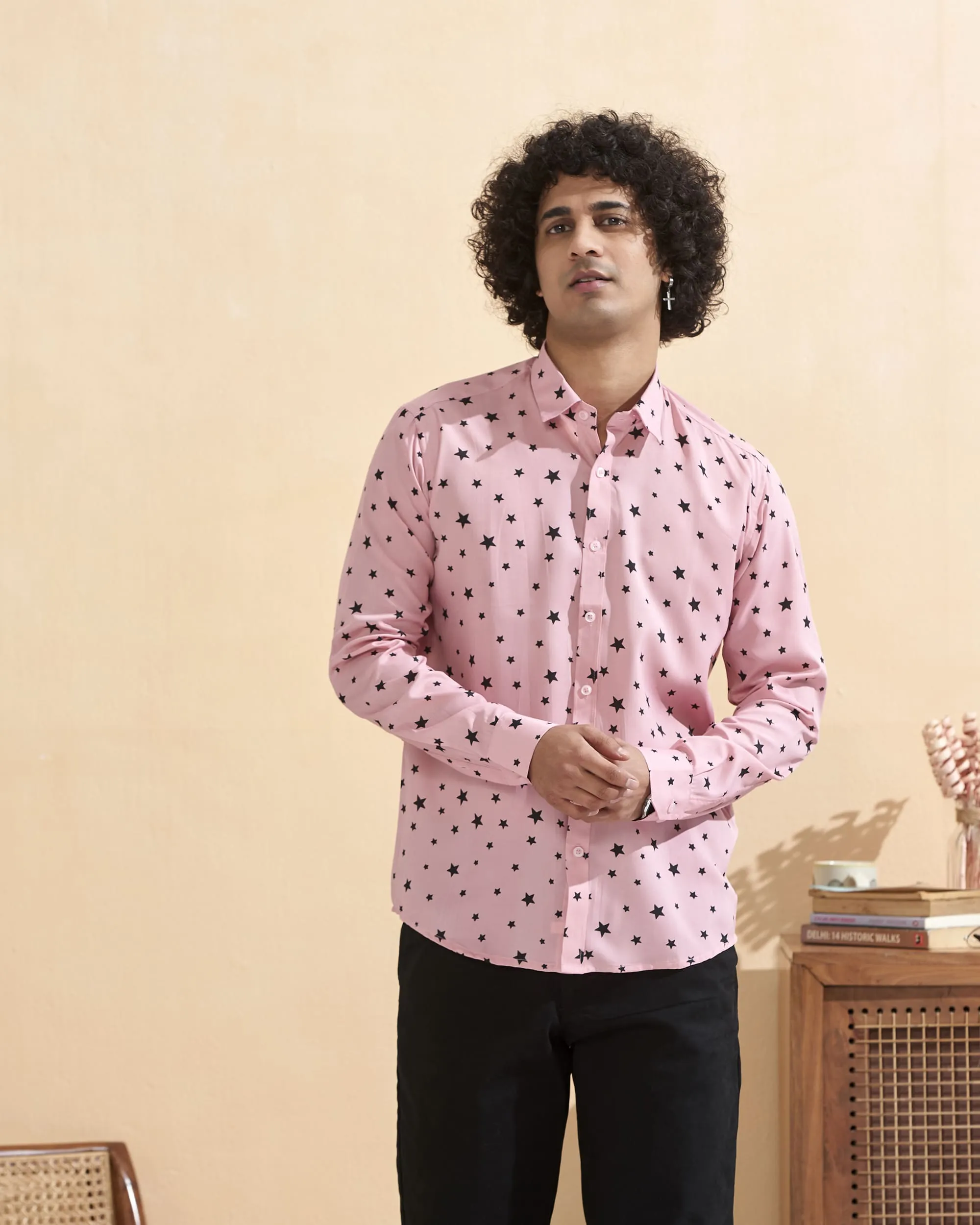 Pink Full Sleeve Crepe Casual Printed Men's Shirt