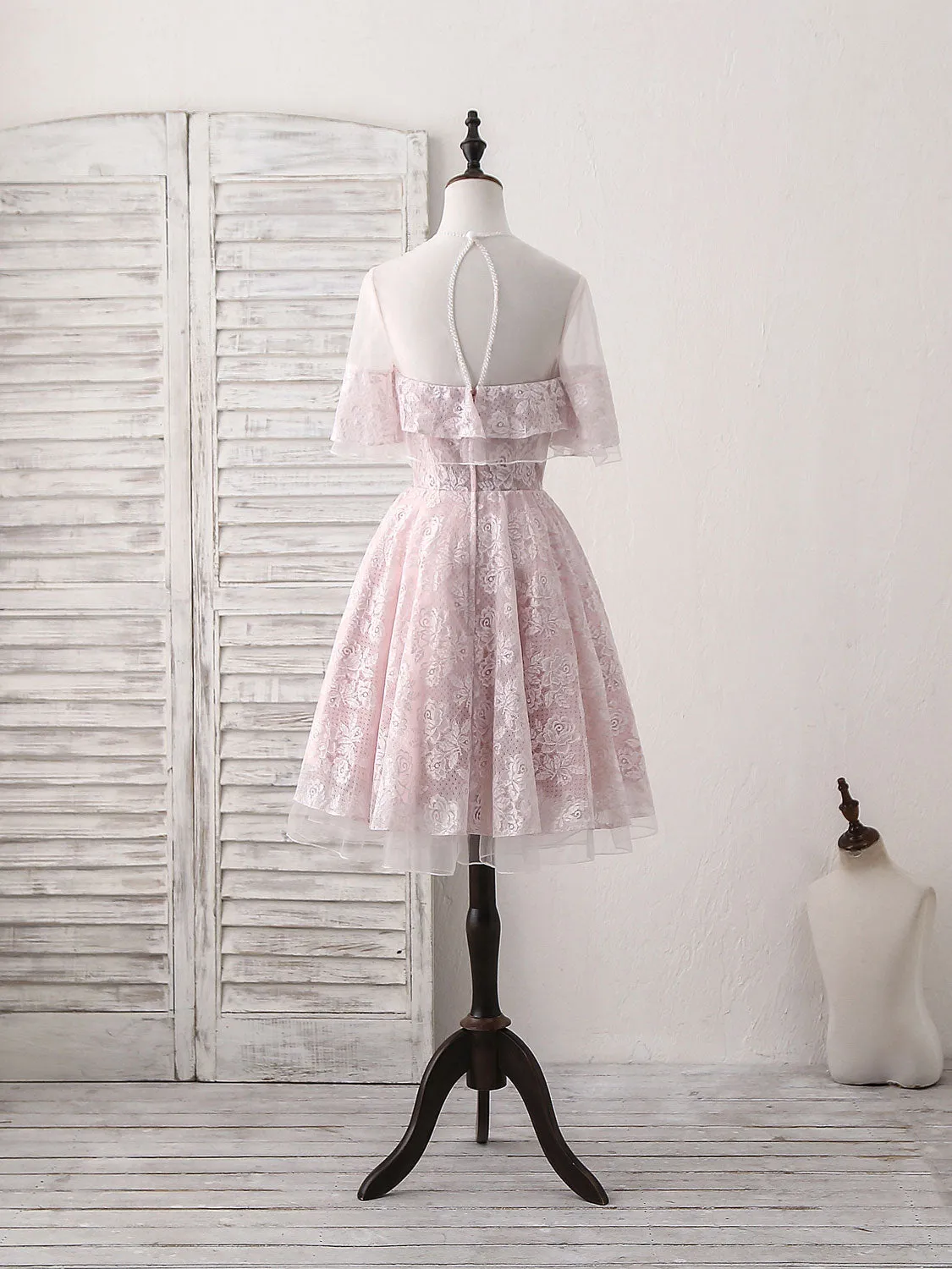 Pink Round Neck Lace Tulle Short Prom Dress, Pink Homecoming Dress