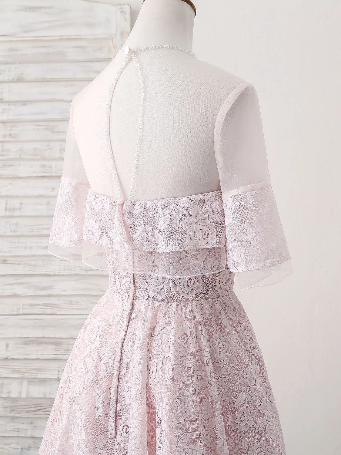 Pink Round Neck Lace Tulle Short Prom Dress, Pink Homecoming Dress