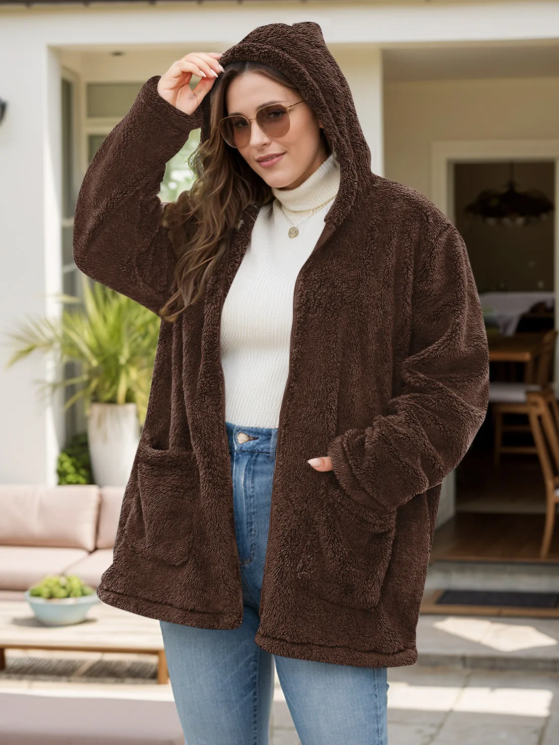 Plus Size Zip Up Long Sleeve Hooded Jacket