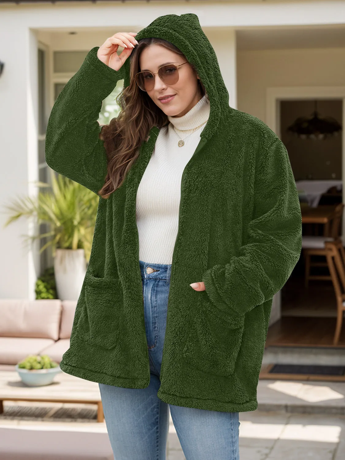 Plus Size Zip Up Long Sleeve Hooded Jacket