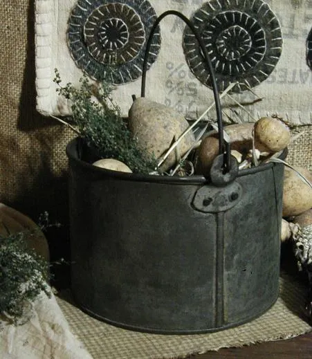 Primitive Rabbit Artisan Made Antique Tin Berry Bucket Pail with Gourd Eggs and Prairie Grass