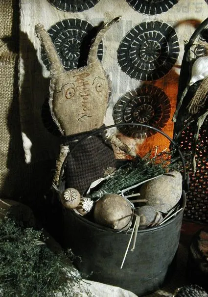 Primitive Rabbit Artisan Made Antique Tin Berry Bucket Pail with Gourd Eggs and Prairie Grass