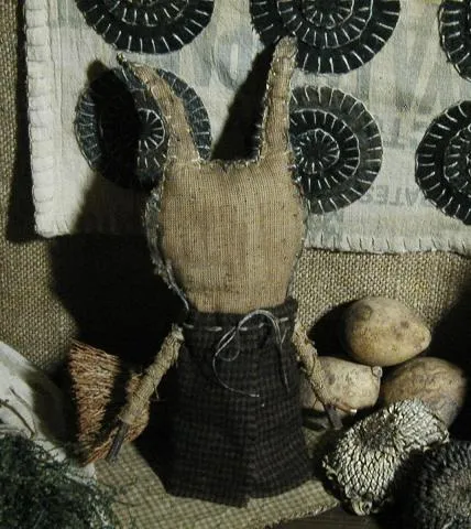 Primitive Rabbit Artisan Made Antique Tin Berry Bucket Pail with Gourd Eggs and Prairie Grass