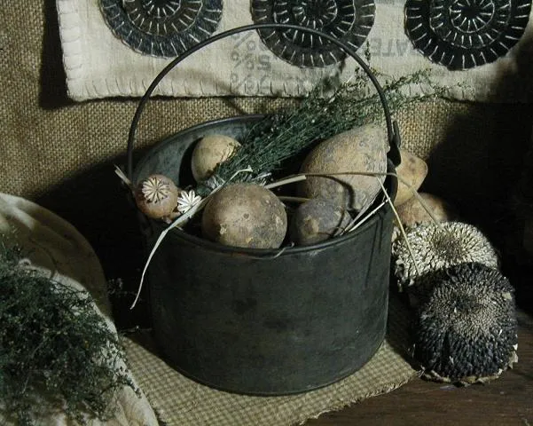 Primitive Rabbit Artisan Made Antique Tin Berry Bucket Pail with Gourd Eggs and Prairie Grass