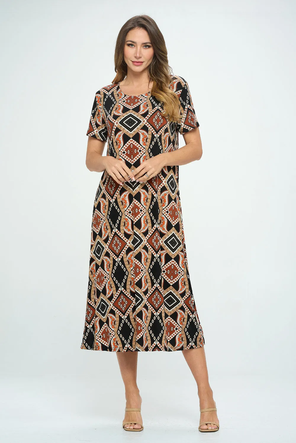 Print Long Dress Short Sleeve -7002BN-SRP1-W385