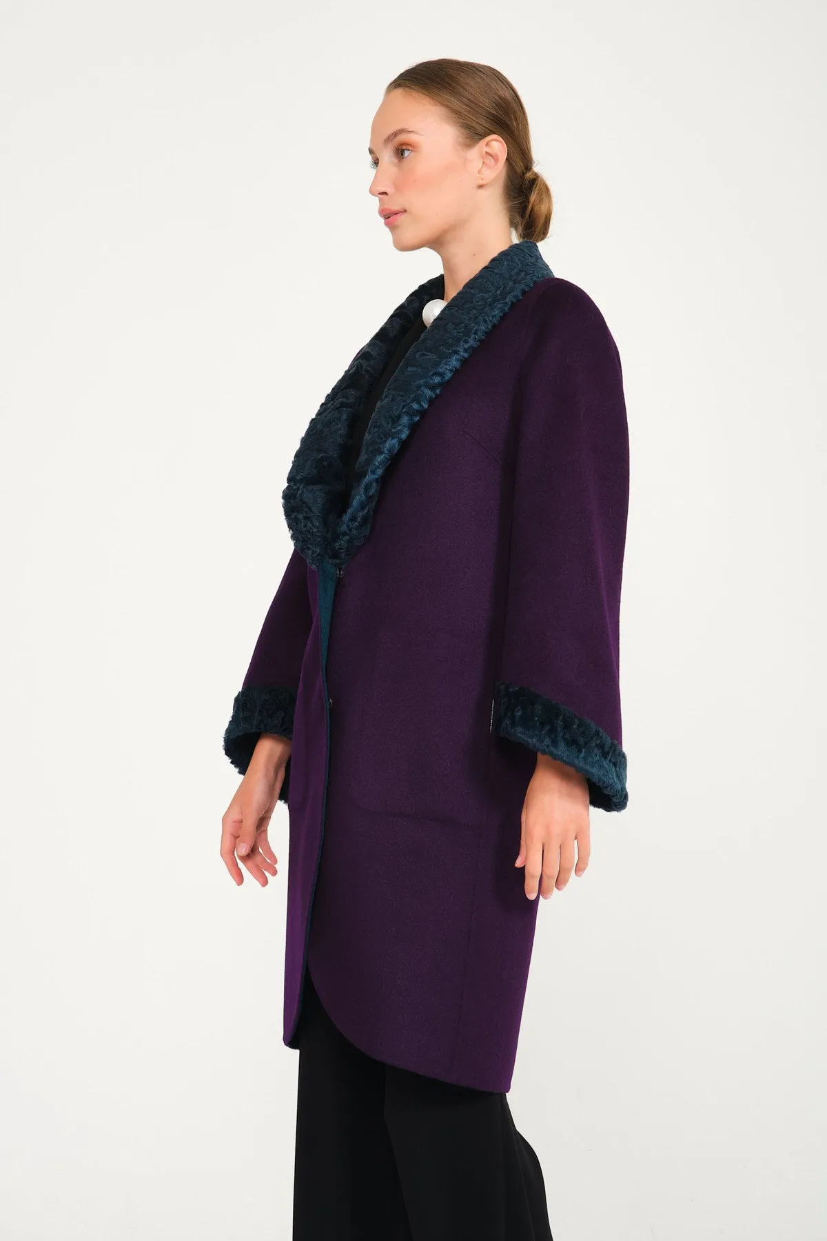 Purple / Dark Green Double Face Swakara & Wool Coat