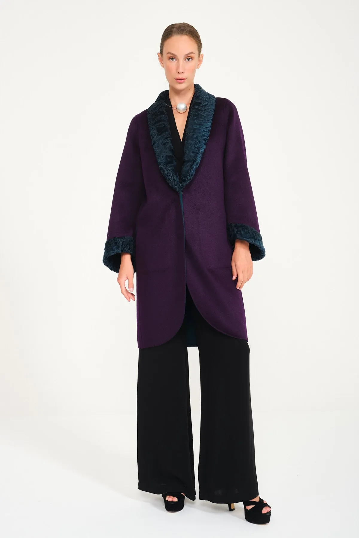 Purple / Dark Green Double Face Swakara & Wool Coat