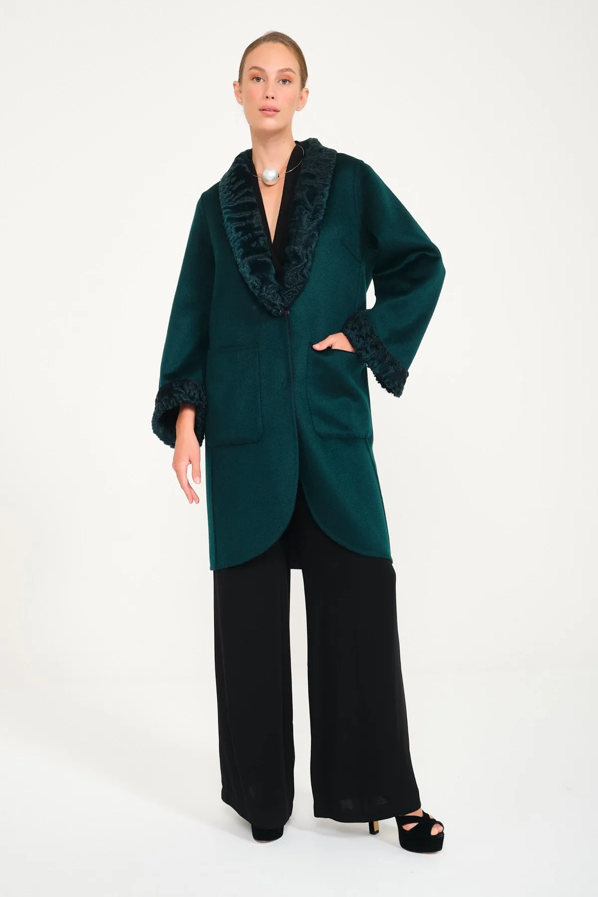 Purple / Dark Green Double Face Swakara & Wool Coat