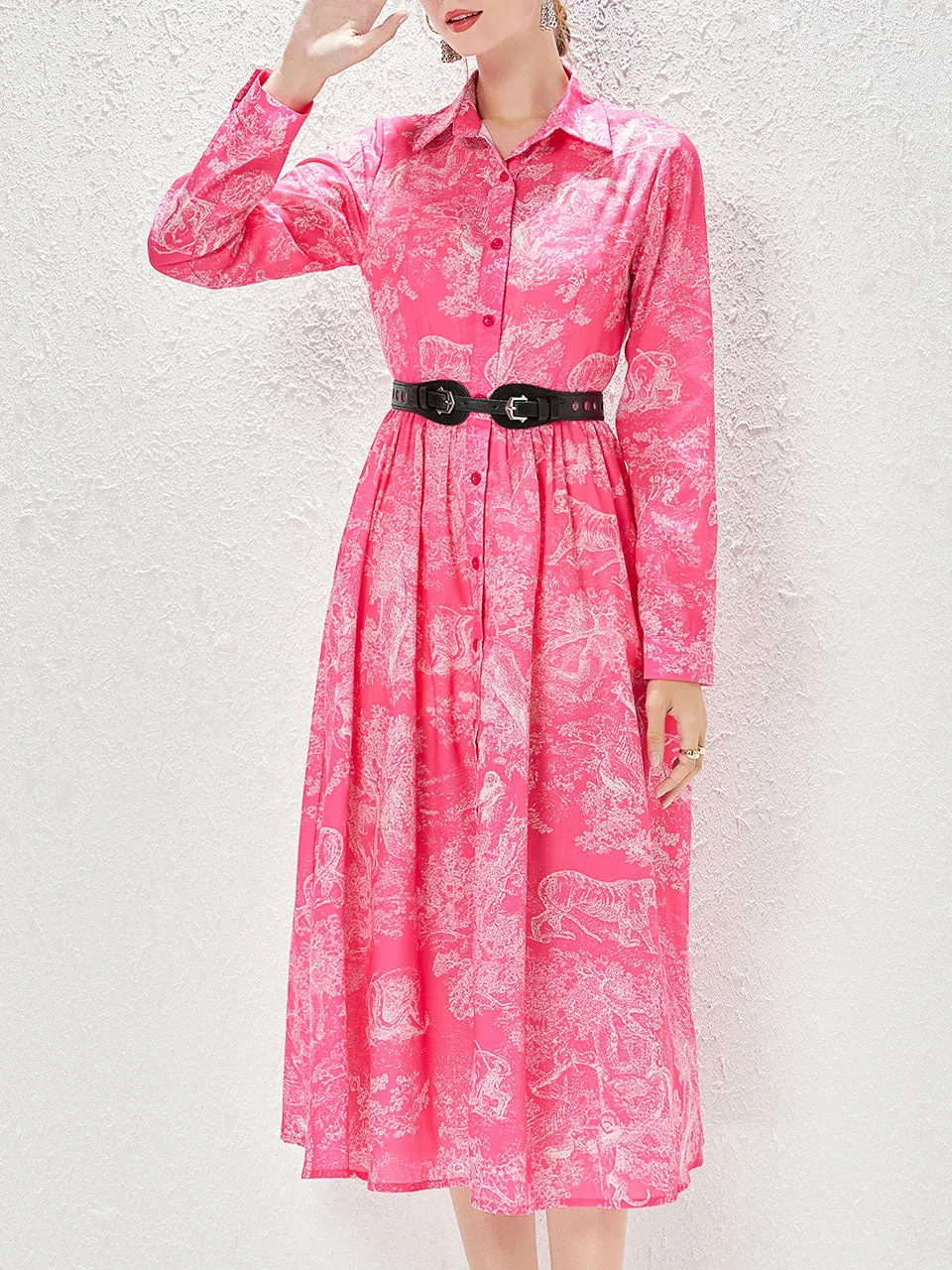 Red Turn Down Long Sleeve Bohemian Dress Maxi Dress With Belt