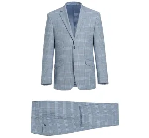 RENOIR Light Blue 2-Piece Slim Fit Notch Lapel Stretch Windowpane Suit 293-3