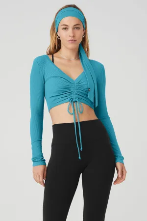 Ribbed Cinch Cropped Long Sleeve - Blue Splash