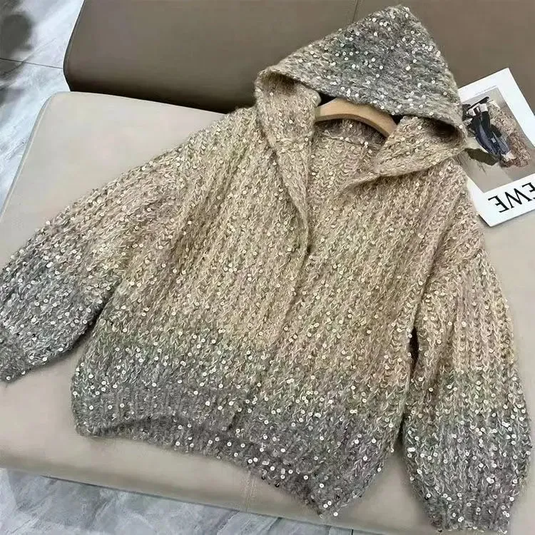 Sequined Hooded Knit Cardigan