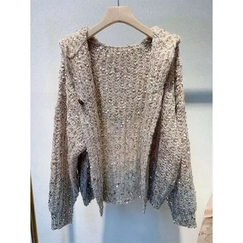 Sequined Hooded Knit Cardigan