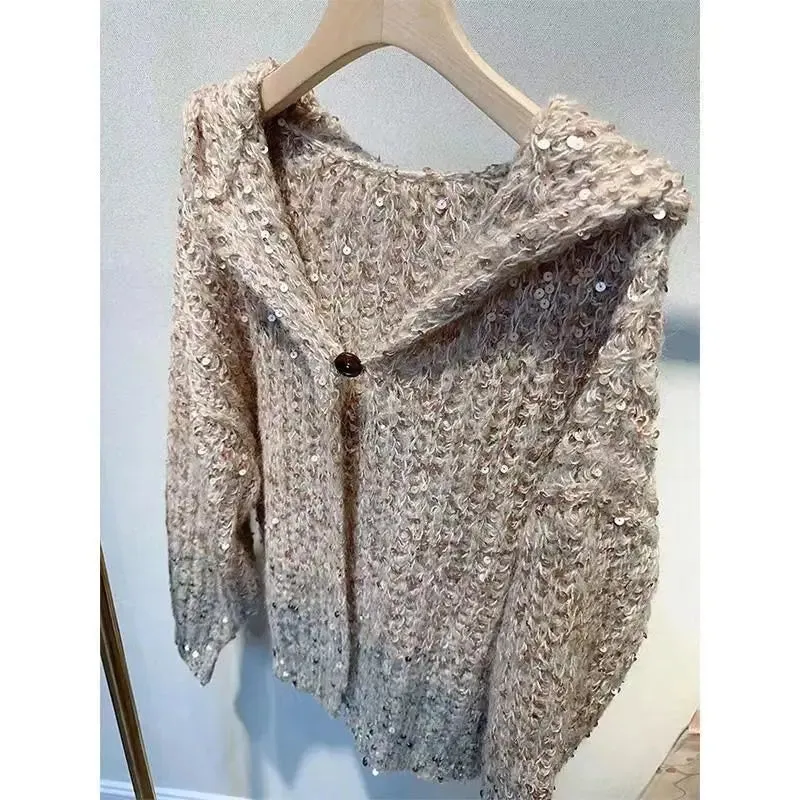 Sequined Hooded Knit Cardigan