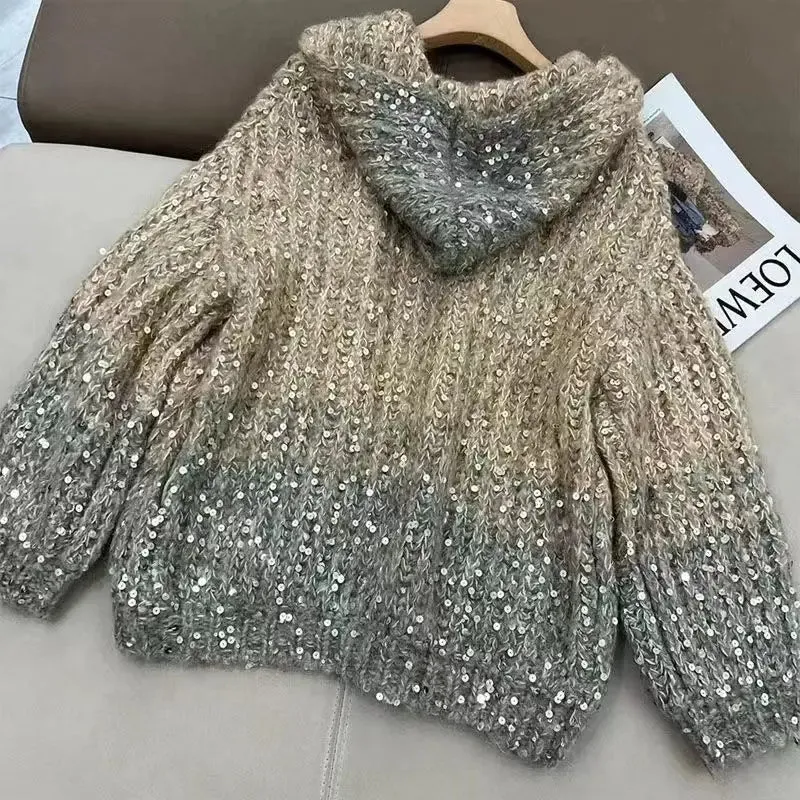 Sequined Hooded Knit Cardigan