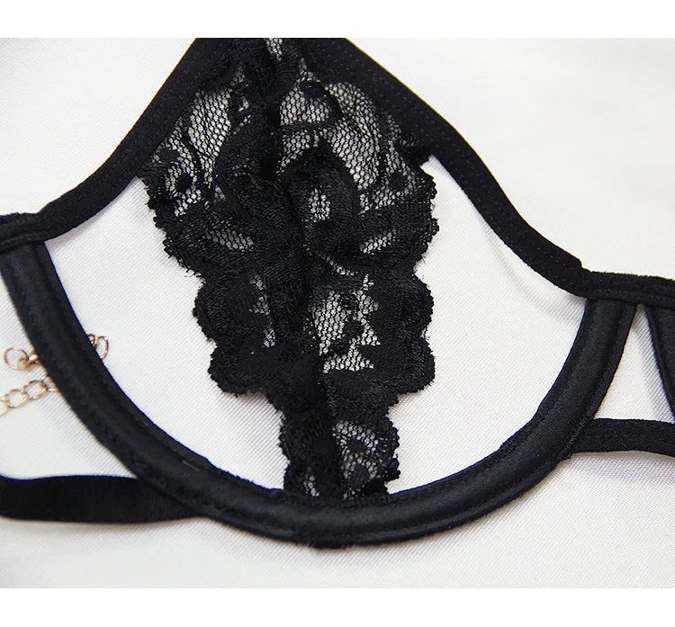 Sexy underwear panties garter belt set sexy temptation transparent lace bra with steel ring breast bra