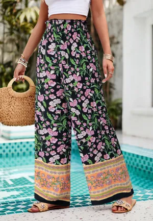 Shirred High Waist Floral Boho Pants