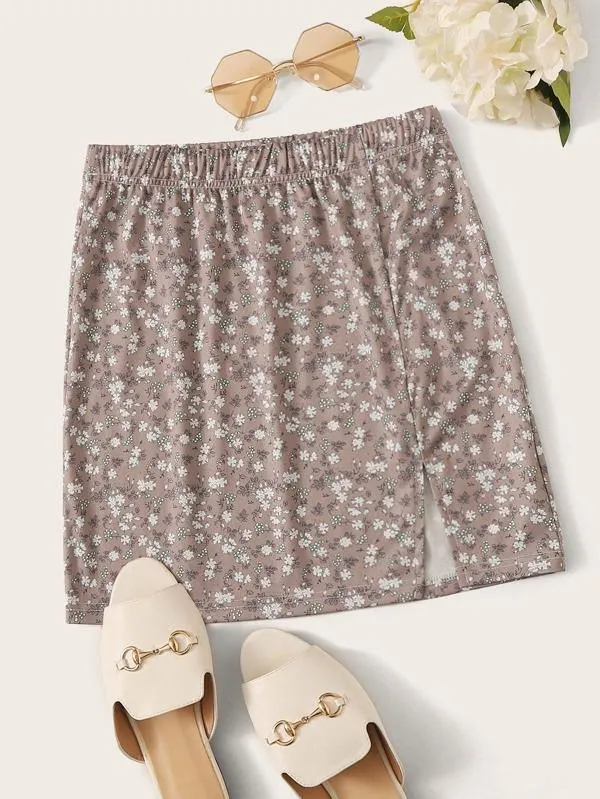 Slit Hem Ditsy Floral Mini Skirt