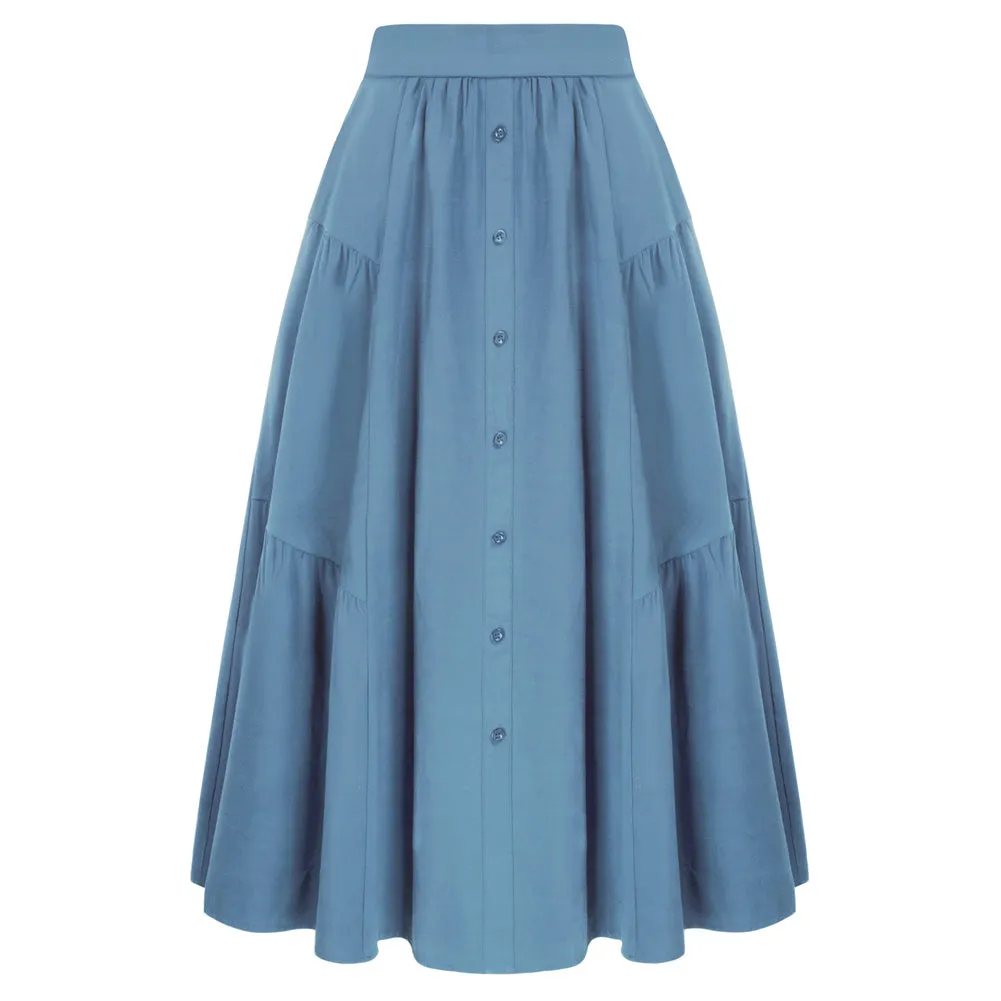 Solid Color Tiered Swing Skirt High Waist Button Decorated A-Line Skirt