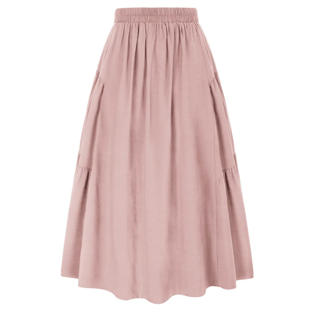 Solid Color Tiered Swing Skirt High Waist Button Decorated A-Line Skirt