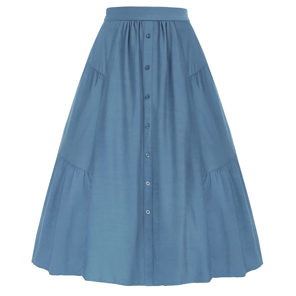 Solid Color Tiered Swing Skirt High Waist Button Decorated A-Line Skirt