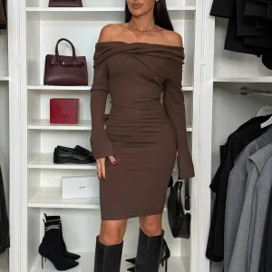 TAVIMART  -  Autumn Winter Solid Color Off Shoulder Bodycon Dress Elegant Temperament Long Sleeve Bag Hips Dress Sexy Slim Women's Long Dress