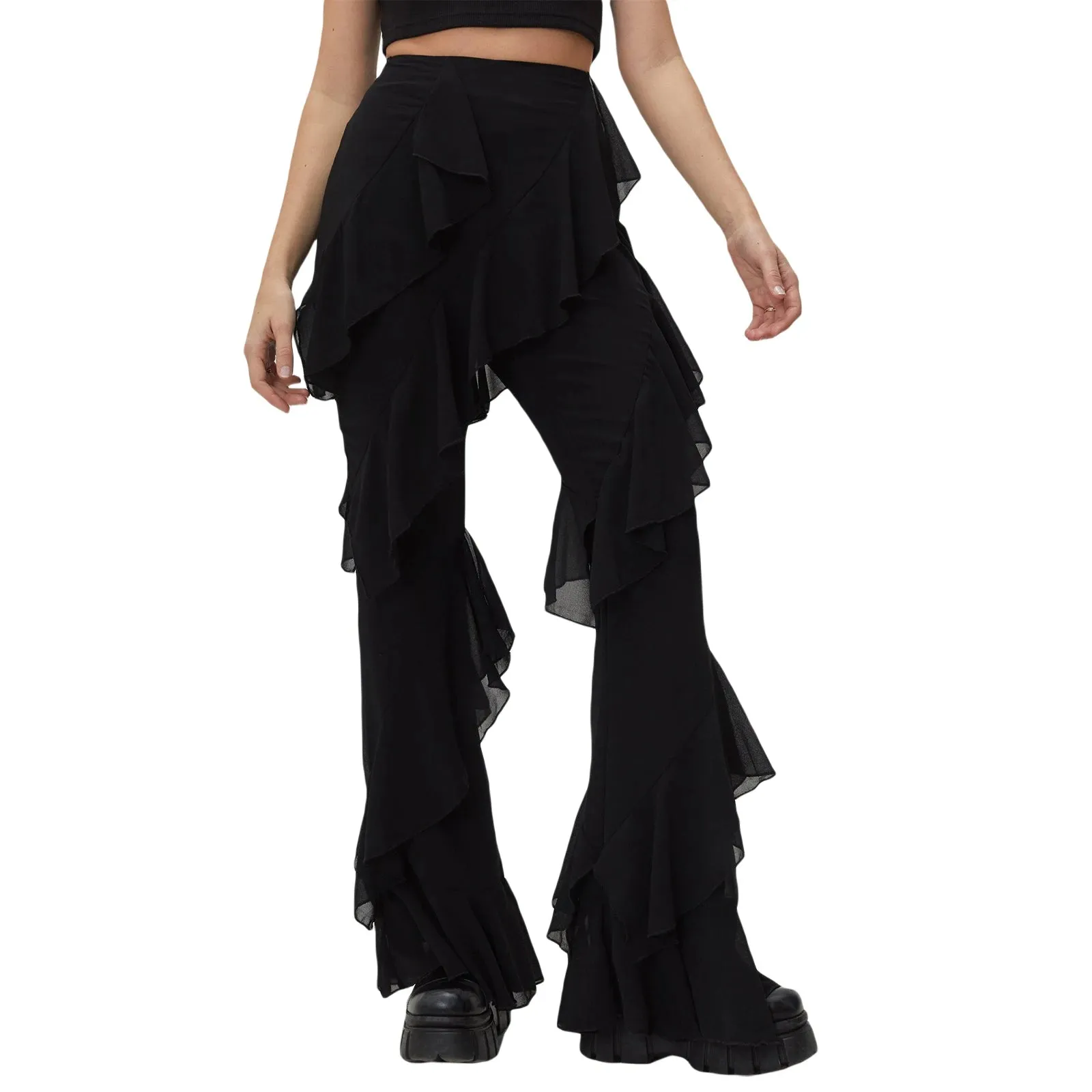 Trendy High Waist Ruffled Solid Black Pants