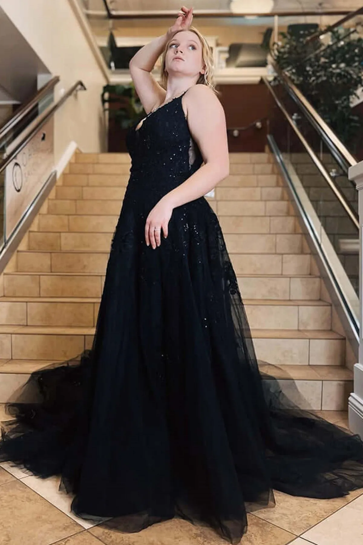 V Neck Open Back Black Lace Long Prom Dress, Black Lace Formal Dress, Black Evening Dress A1768