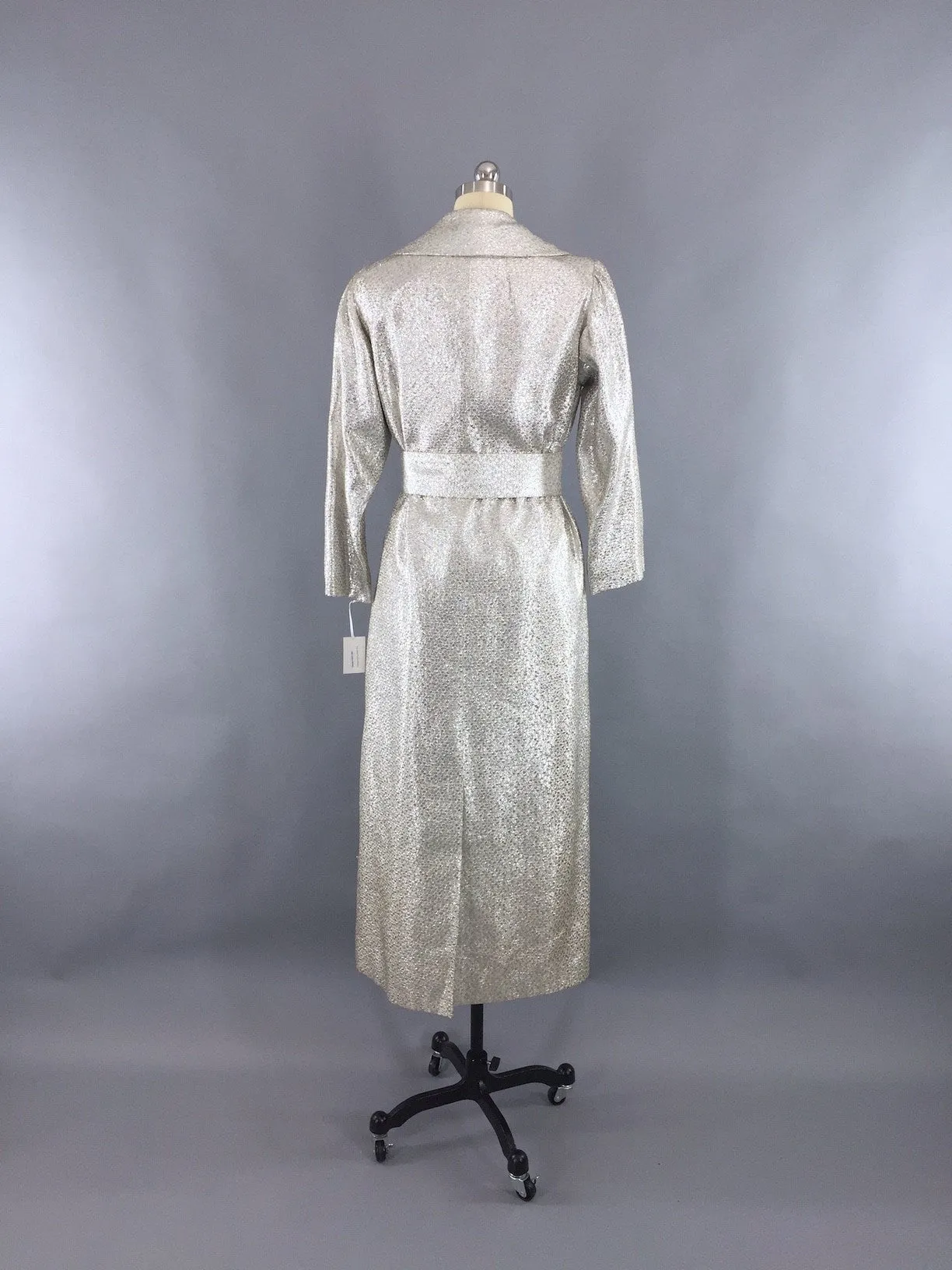 Vintage 1960s Silver Brocade Maxi Coat