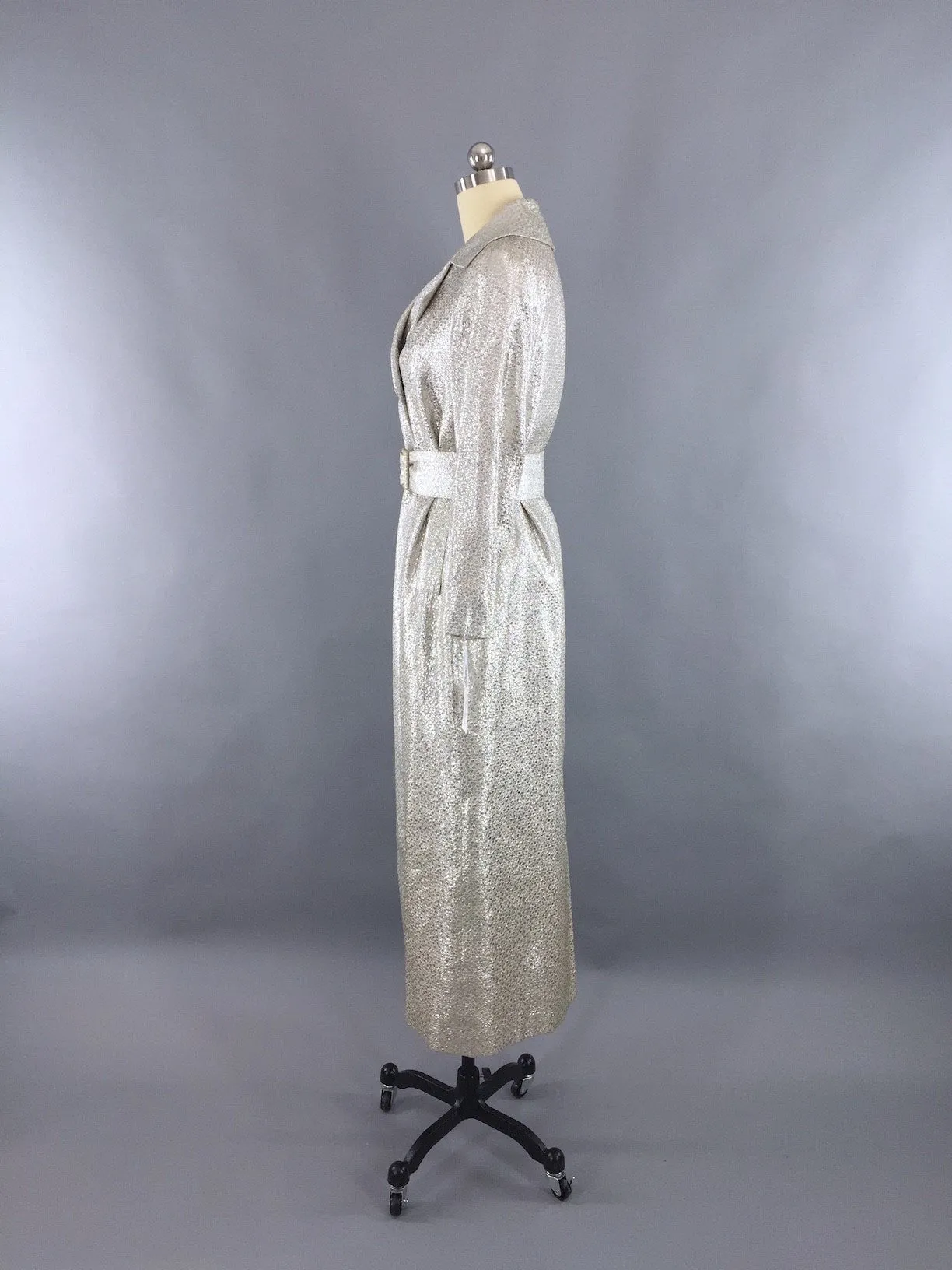 Vintage 1960s Silver Brocade Maxi Coat