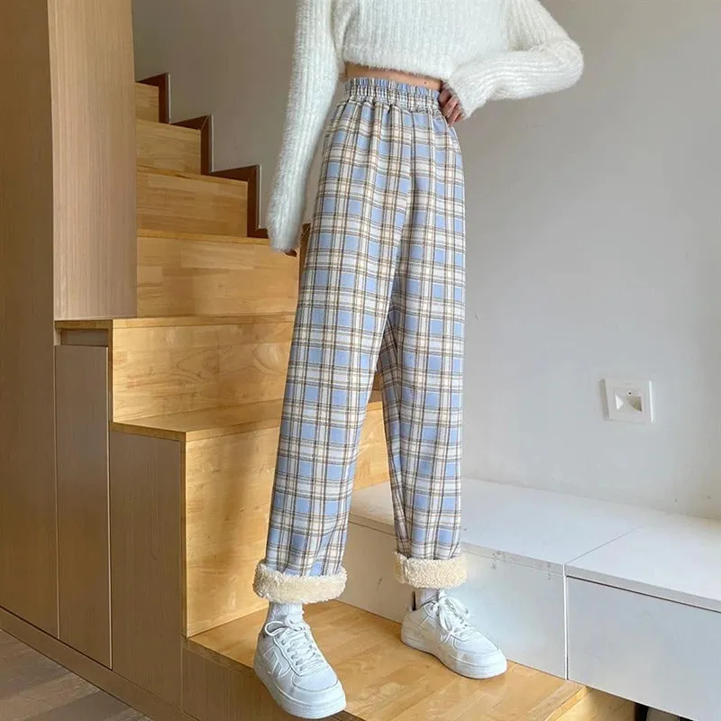 Warm and Cozy Casual Thick Plaid Wide Leg Trouser Pants