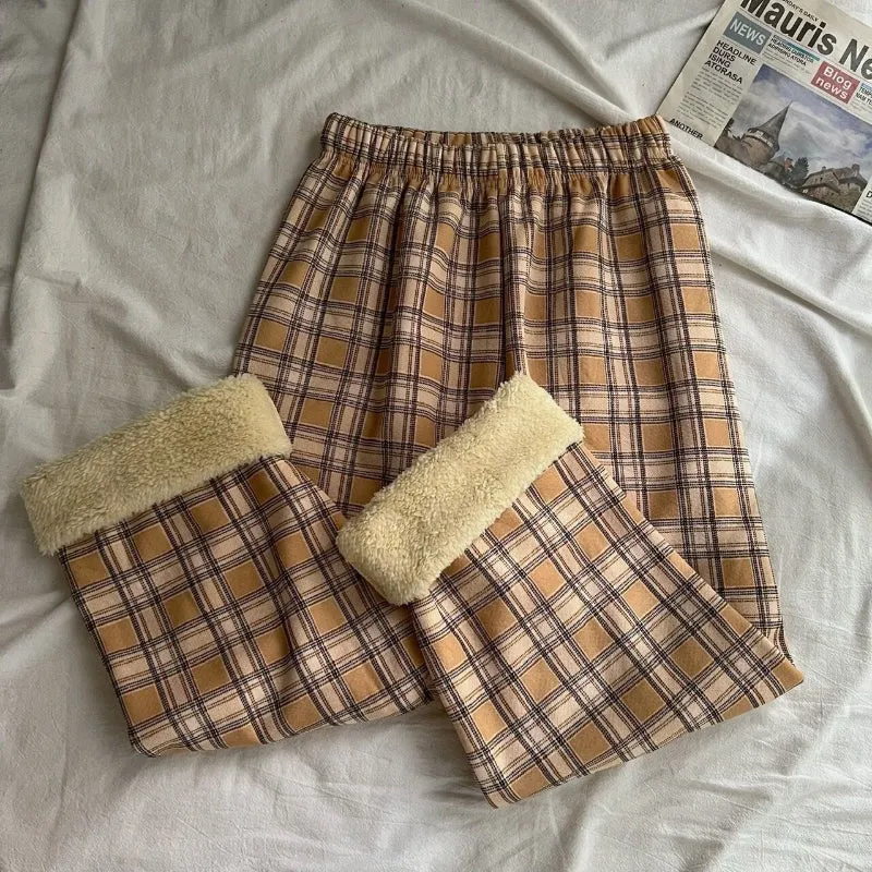 Warm and Cozy Casual Thick Plaid Wide Leg Trouser Pants