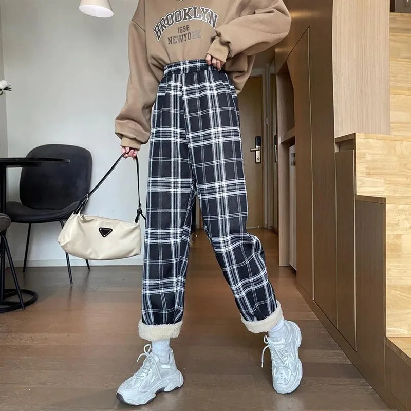 Warm and Cozy Casual Thick Plaid Wide Leg Trouser Pants