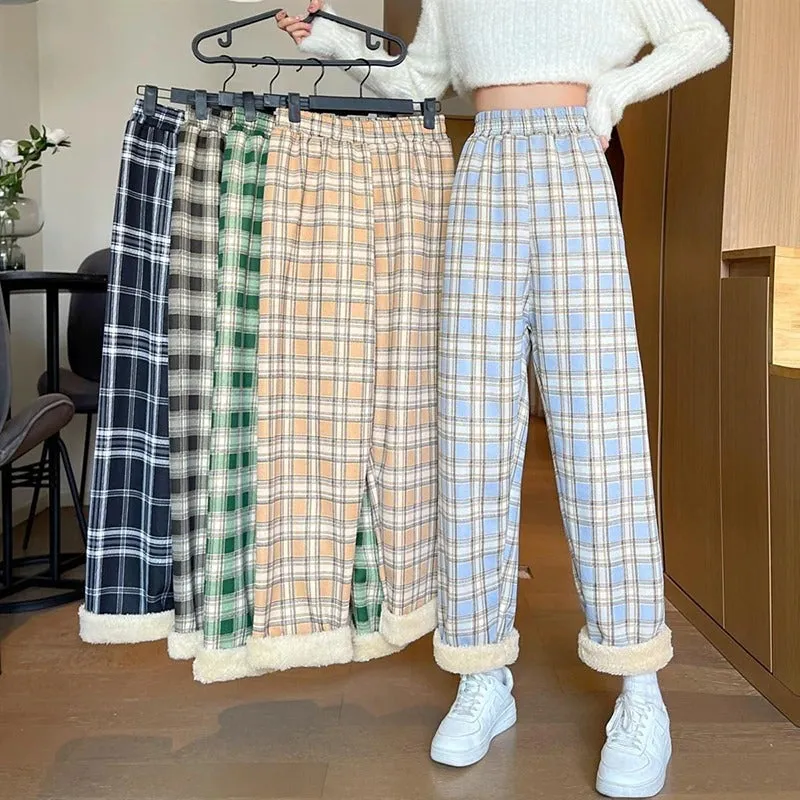 Warm and Cozy Casual Thick Plaid Wide Leg Trouser Pants