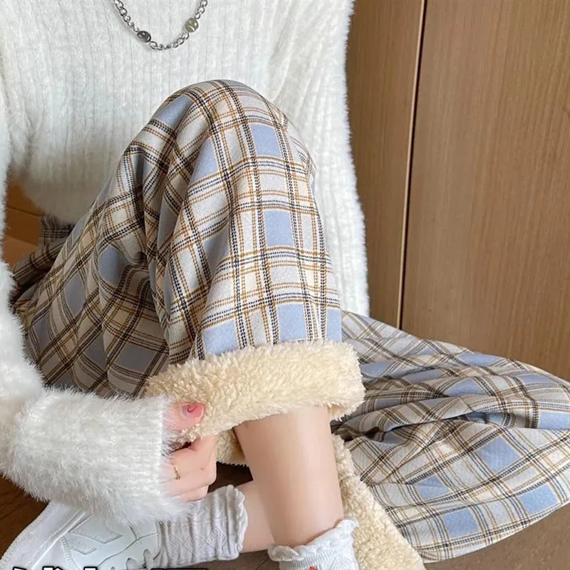 Warm and Cozy Casual Thick Plaid Wide Leg Trouser Pants