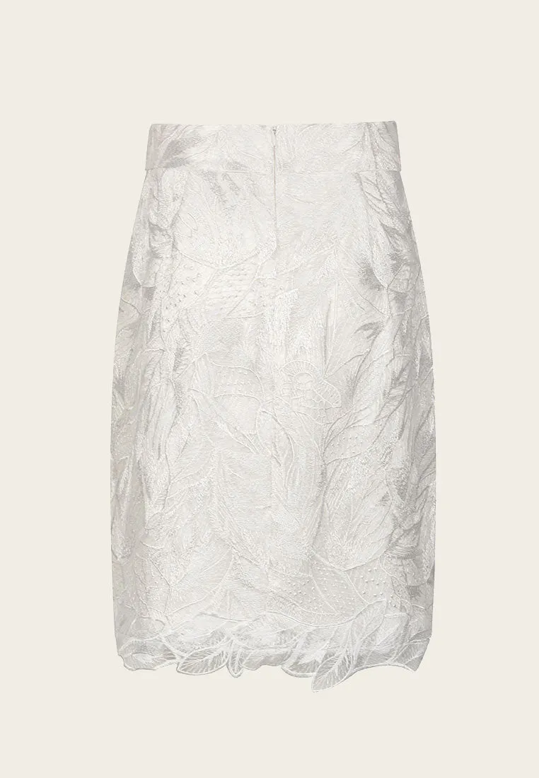 White Jacquard Lace A-line Midi Skirt