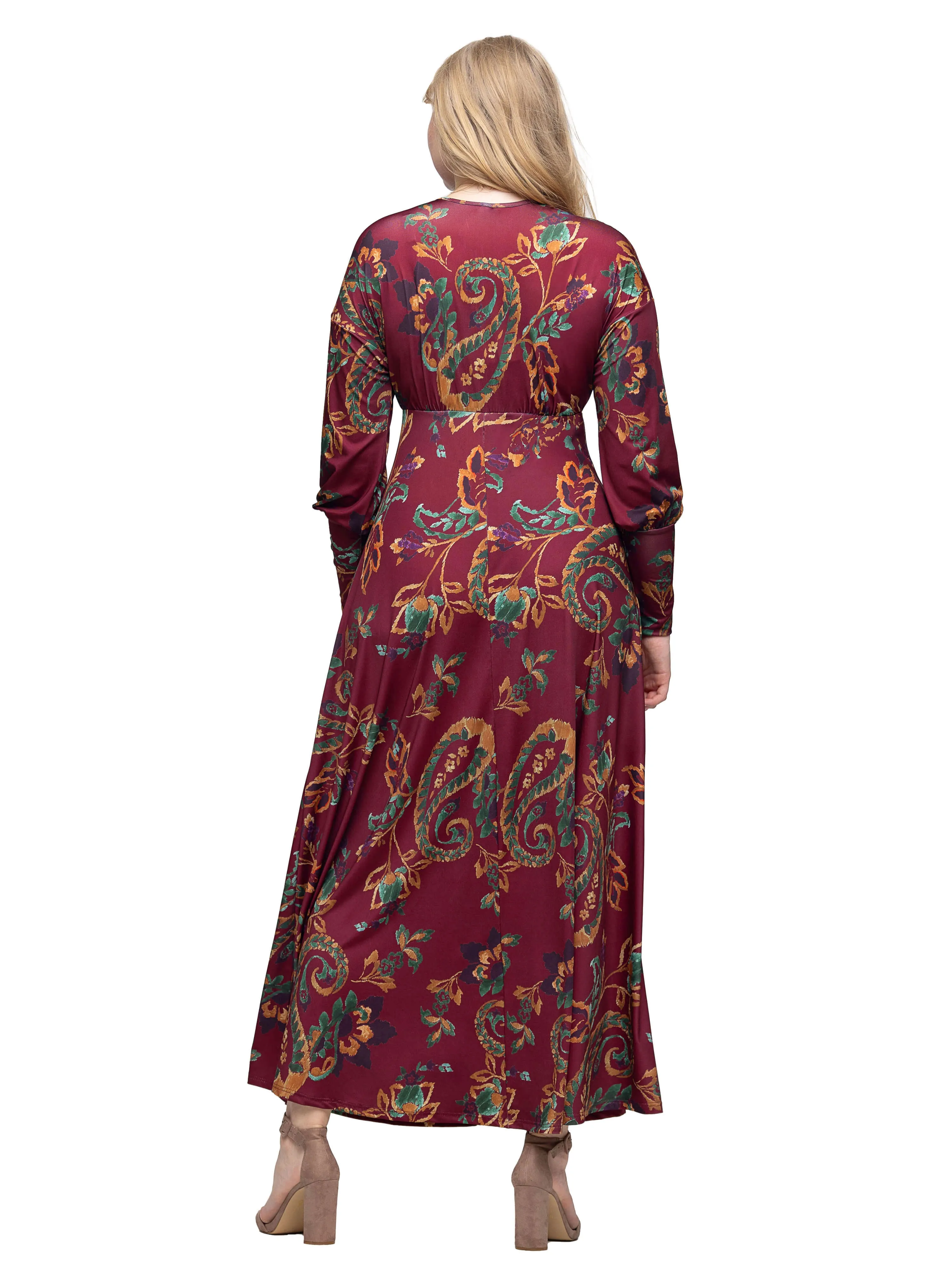 Wine Paisley Print Bishop Sleeve A Line Maxi Dress