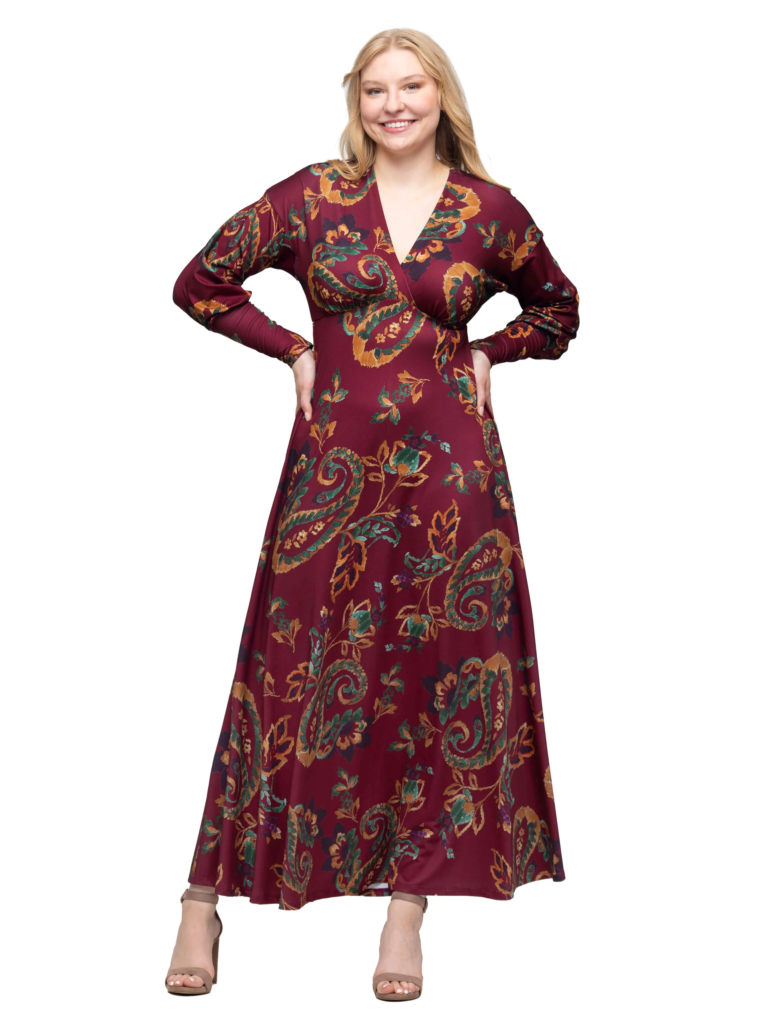 Wine Paisley Print Bishop Sleeve A Line Maxi Dress